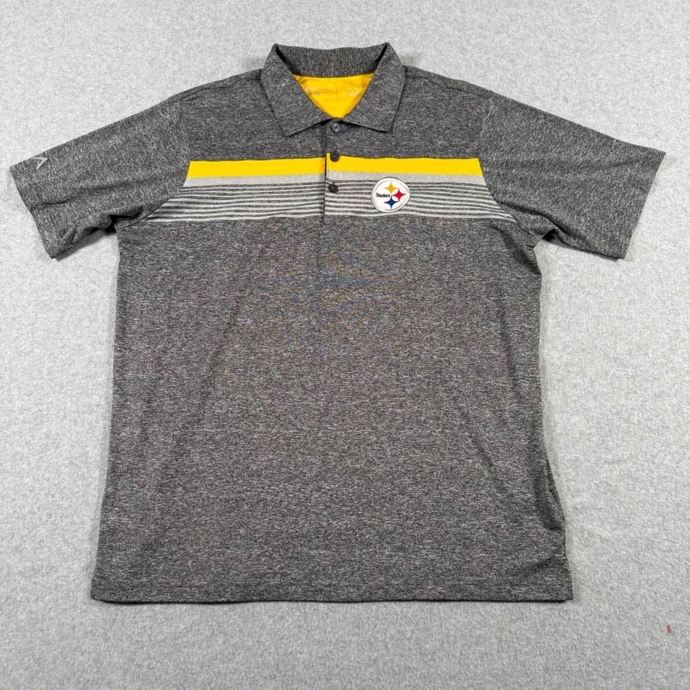 Antigua Pittsburgh Steelers Polo Shirt Mens Large Grey Yellow Stripe Golf NFL